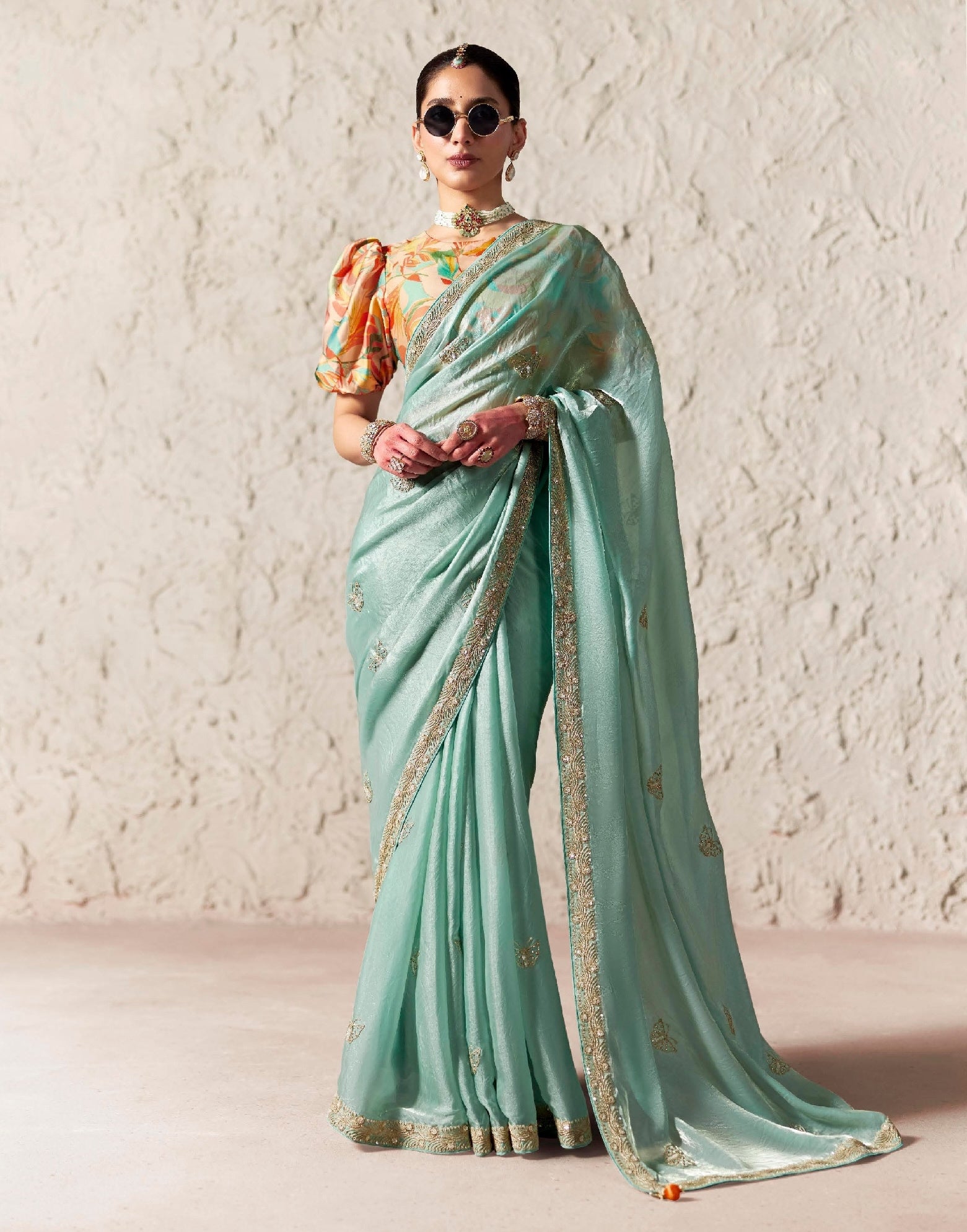 Mint Fancy Tissue Silk Ready to wear/Easy Saree - Panaash Saree
