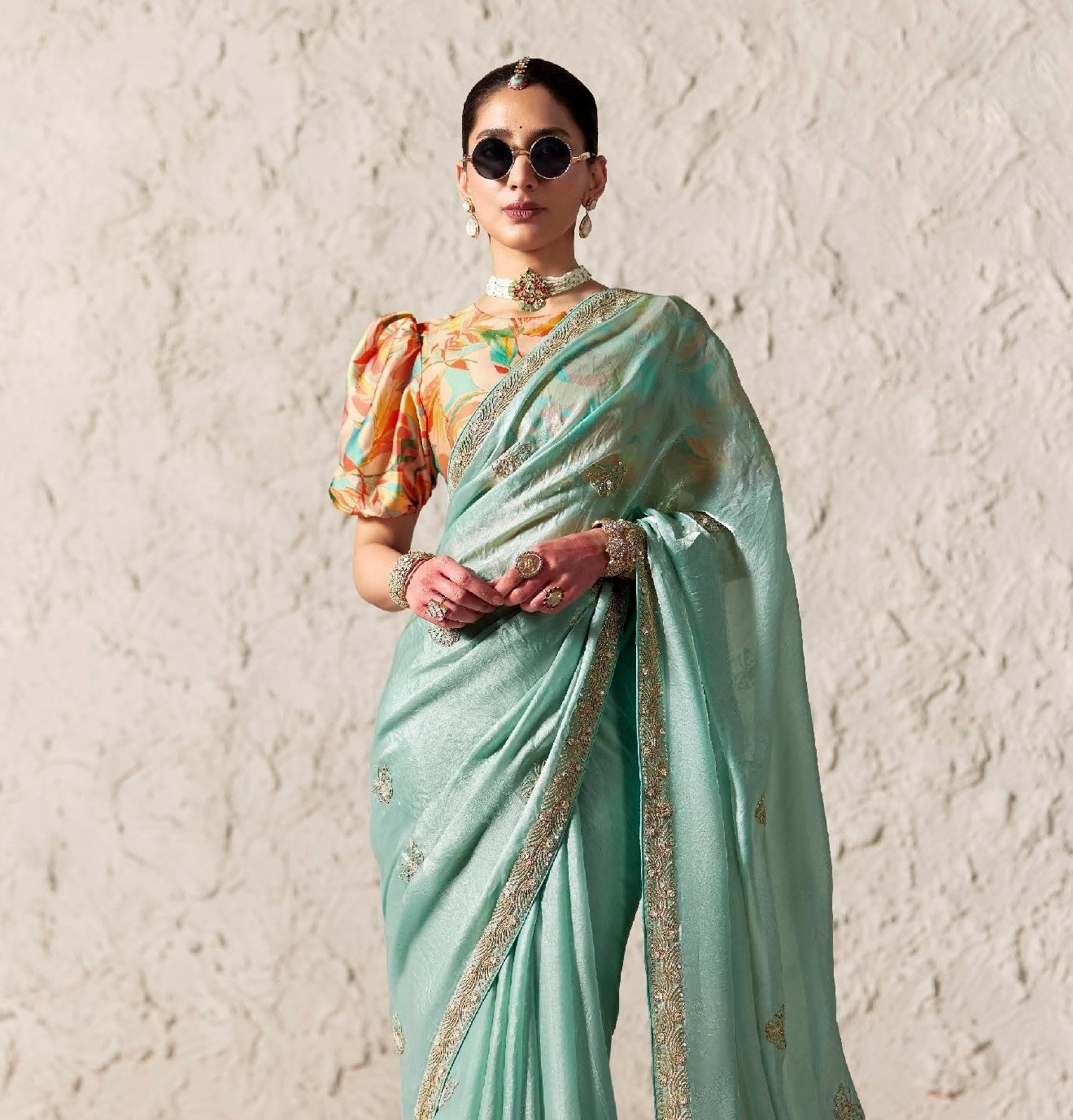 Mint Fancy Tissue Silk Ready to wear/Easy Saree - Panaash Saree