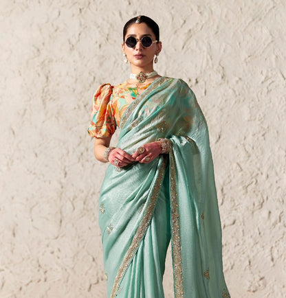 Mint Fancy Tissue Silk Ready to wear/Easy Saree - Panaash Saree