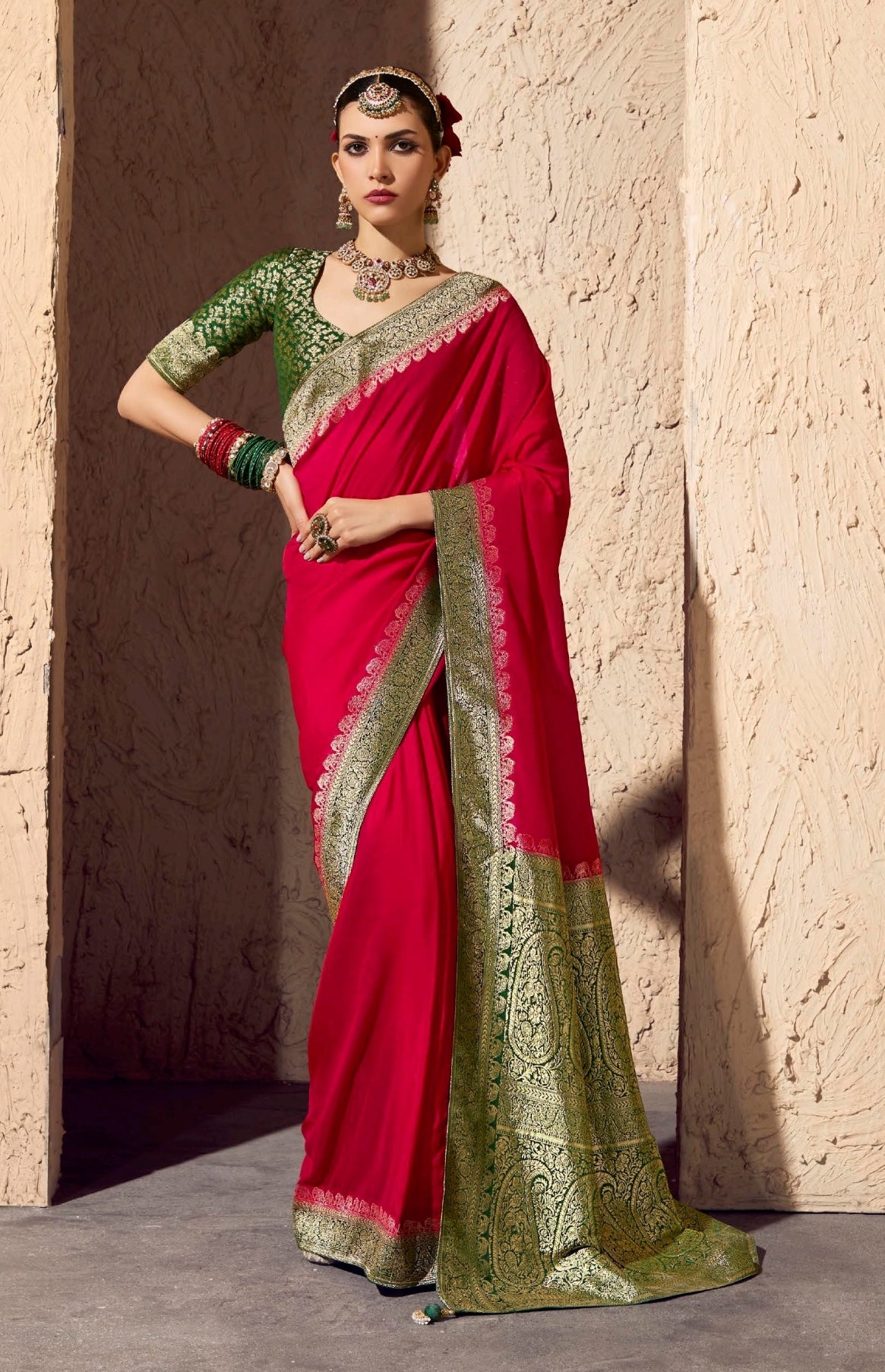 Red Designer Silk Readymade/Easy Saree
