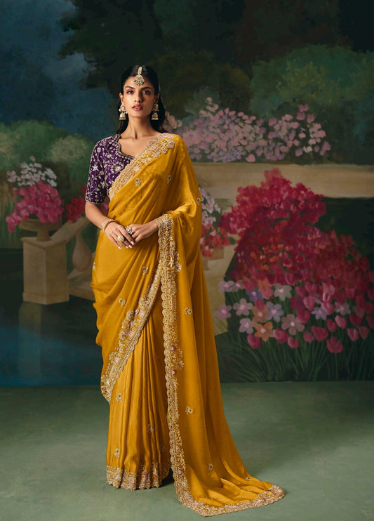 Mustard Yellow Embroidery Silk Readymade/Easy Saree