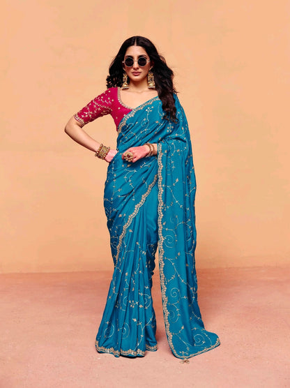 Teal Blue Tissue Silk Readymade/Easy Saree - Panaash Saree