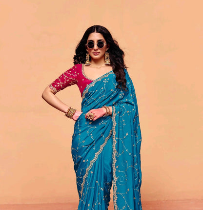 Teal Blue Tissue Silk Readymade/Easy Saree - Panaash Saree