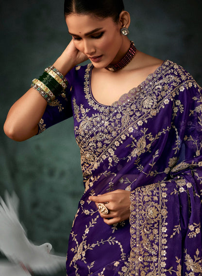 Purple Embroidery Silk Readymade/Easy Saree