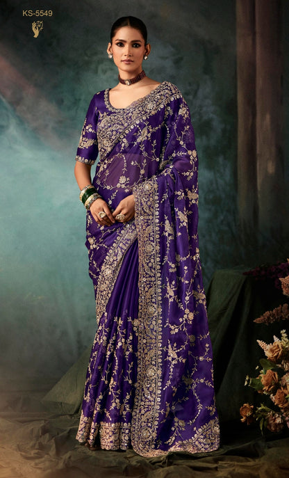 Purple Embroidery Silk Readymade/Easy Saree