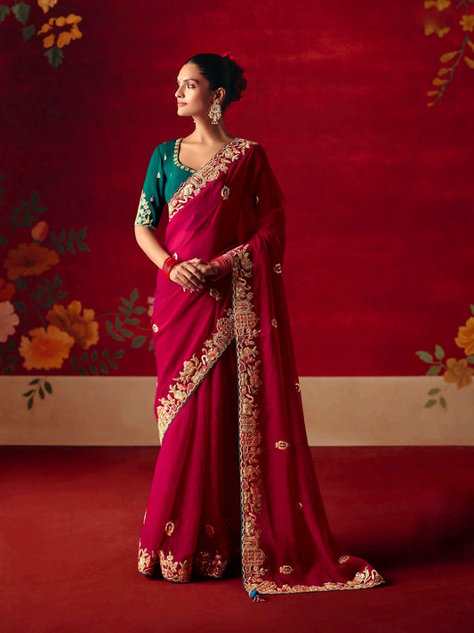 Wine Red Party Wear Readymade Saree