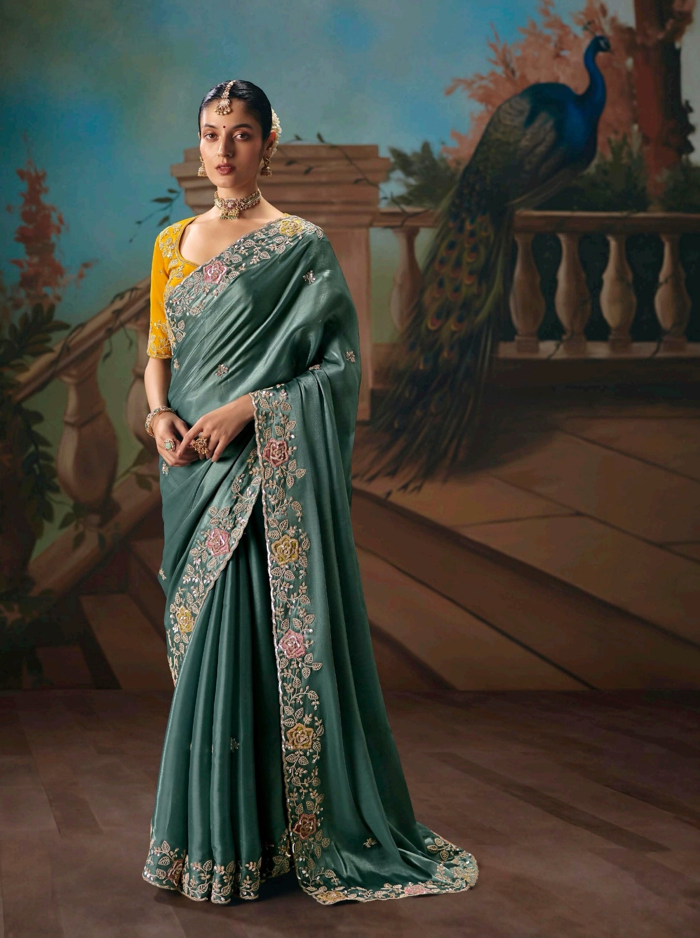 Teal Green Designer Silk Readymade/Easy Saree