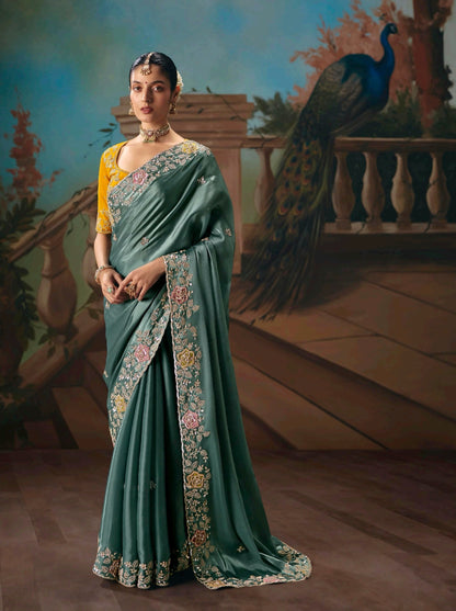 Teal Green Designer Silk Readymade/Easy Saree