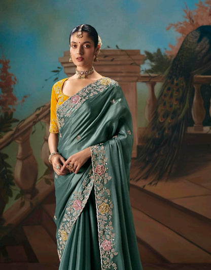 Teal Green Designer Silk Readymade/Easy Saree