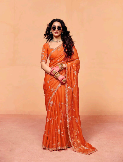 Orange Tissue Silk Readymade/Easy Saree - Panaash Saree