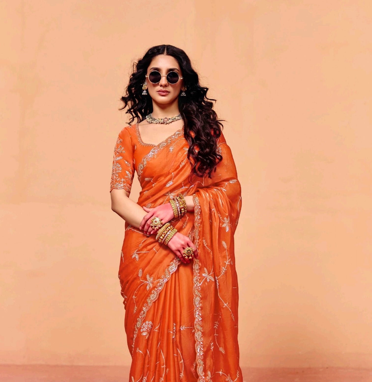 Orange Tissue Silk Readymade/Easy Saree - Panaash Saree