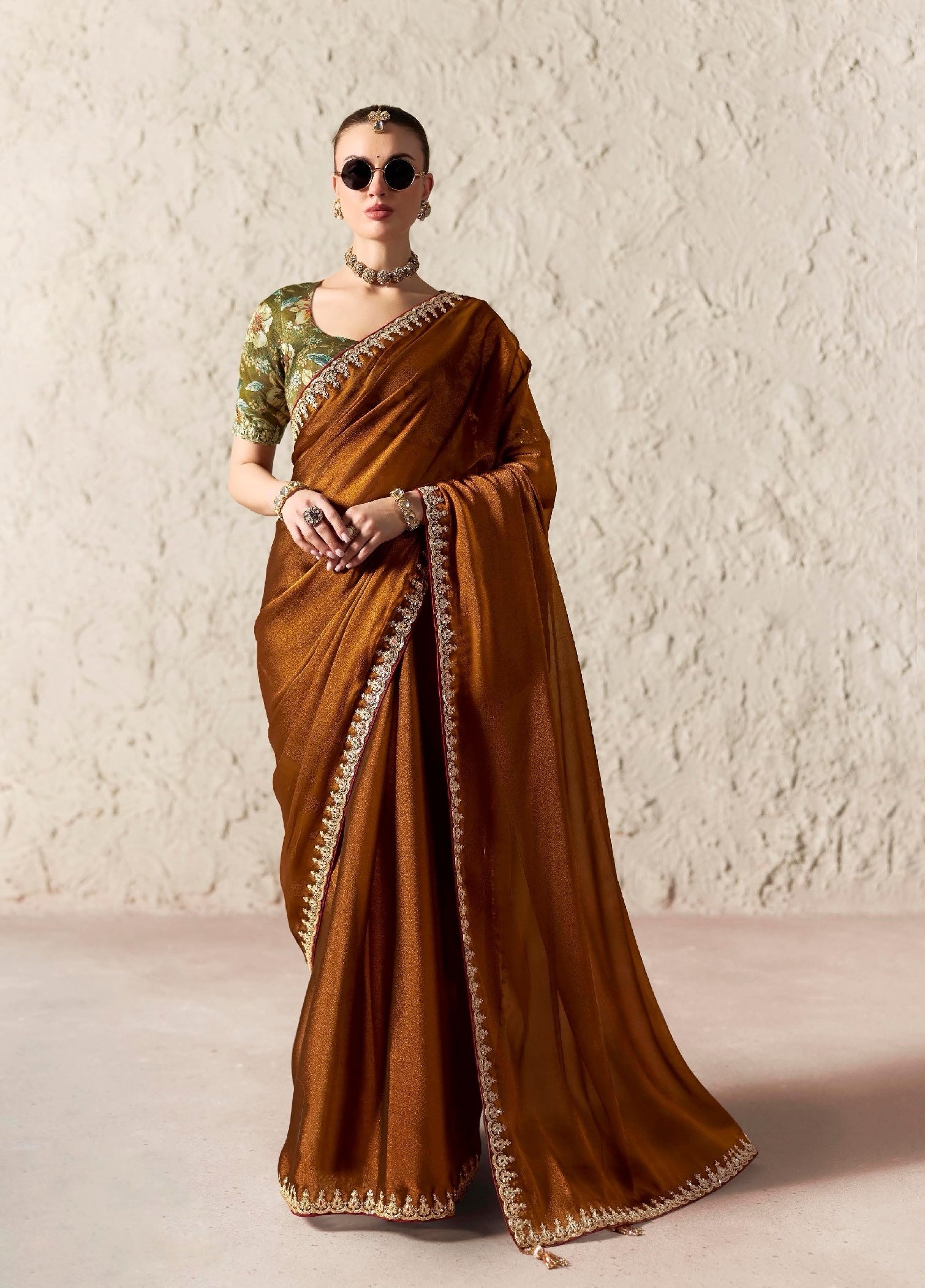 Brown Fancy Tissue Silk Ready to wear/Easy Saree - Panaash Saree