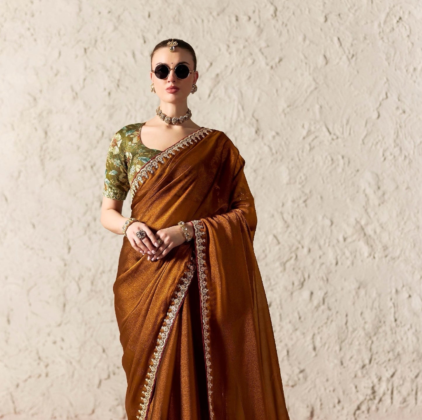 Brown Fancy Tissue Silk Ready to wear/Easy Saree - Panaash Saree