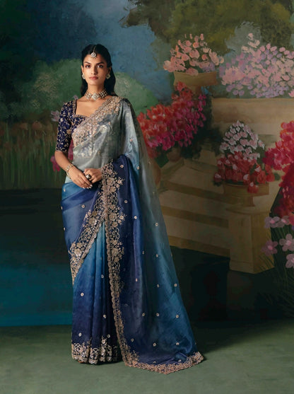 Dual-Tone Blue Embroidery Silk Readymade/Easy Saree