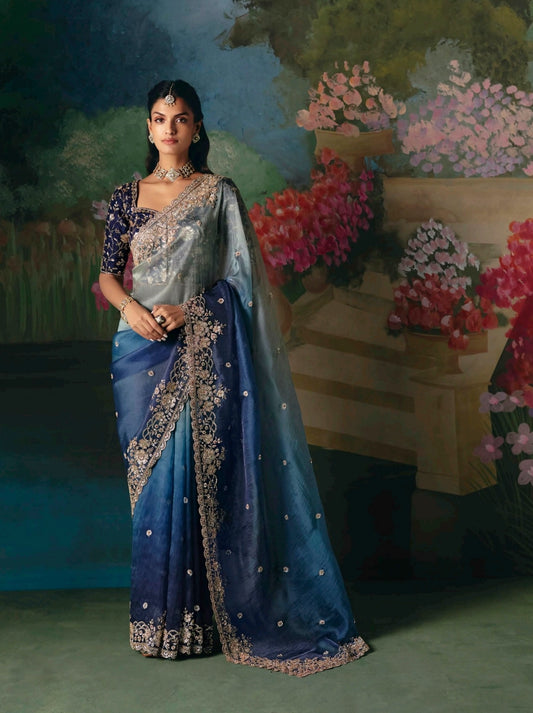 Dual-Tone Blue Embroidery Silk Readymade/Easy Saree