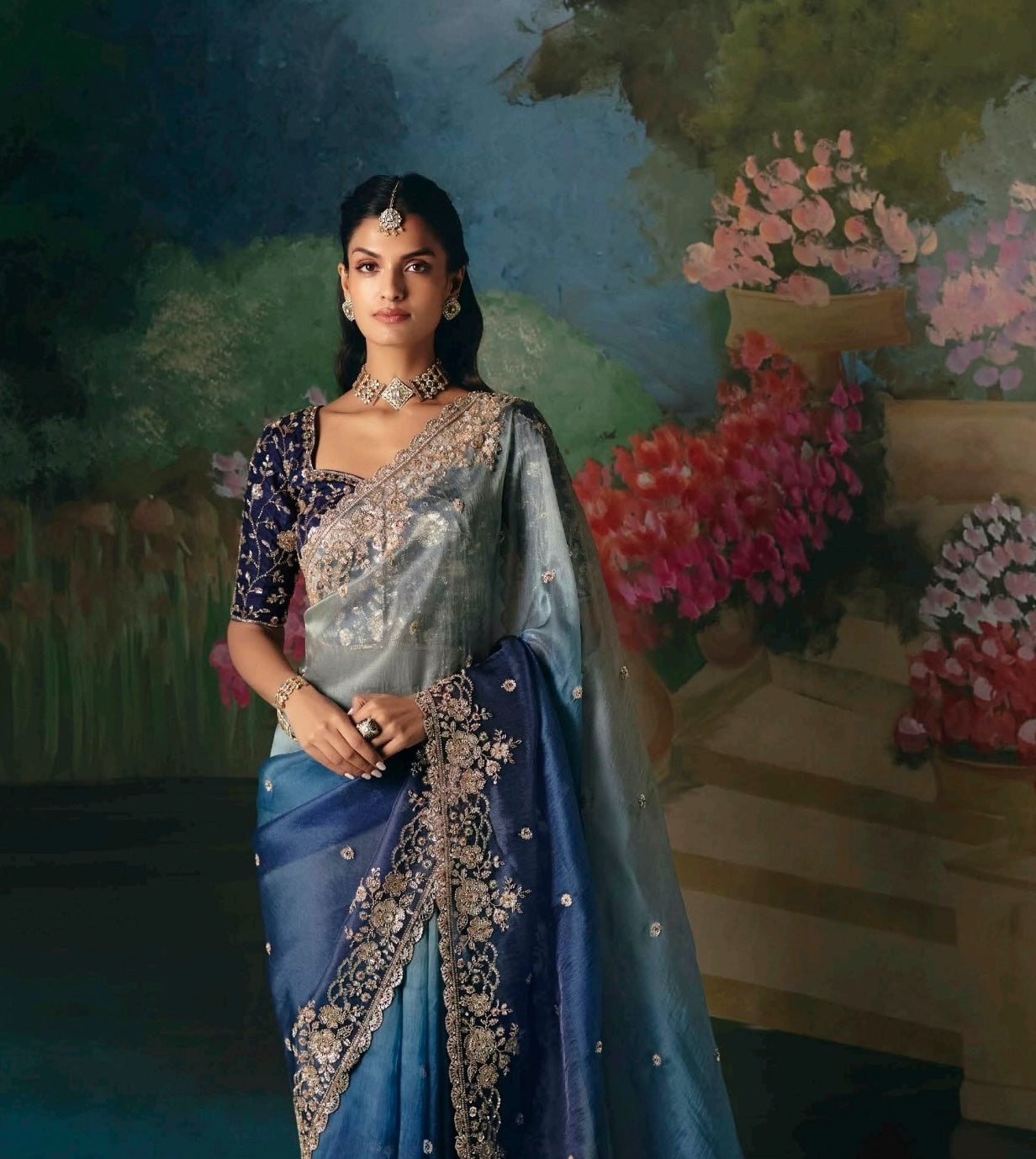 Dual-Tone Blue Embroidery Silk Readymade/Easy Saree