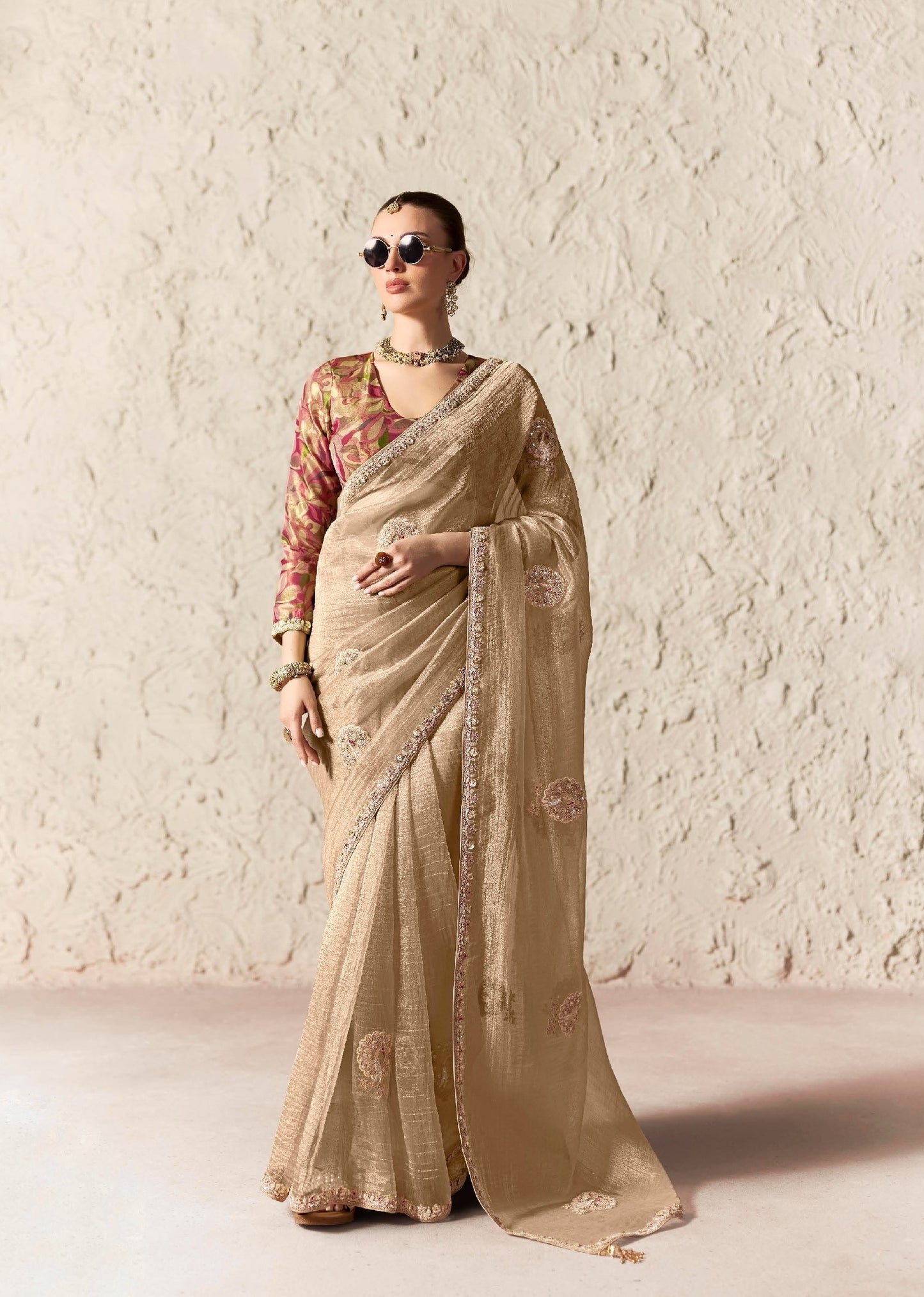 Champagne Fancy Tissue Silk Ready to wear/Easy Saree - Panaash Saree