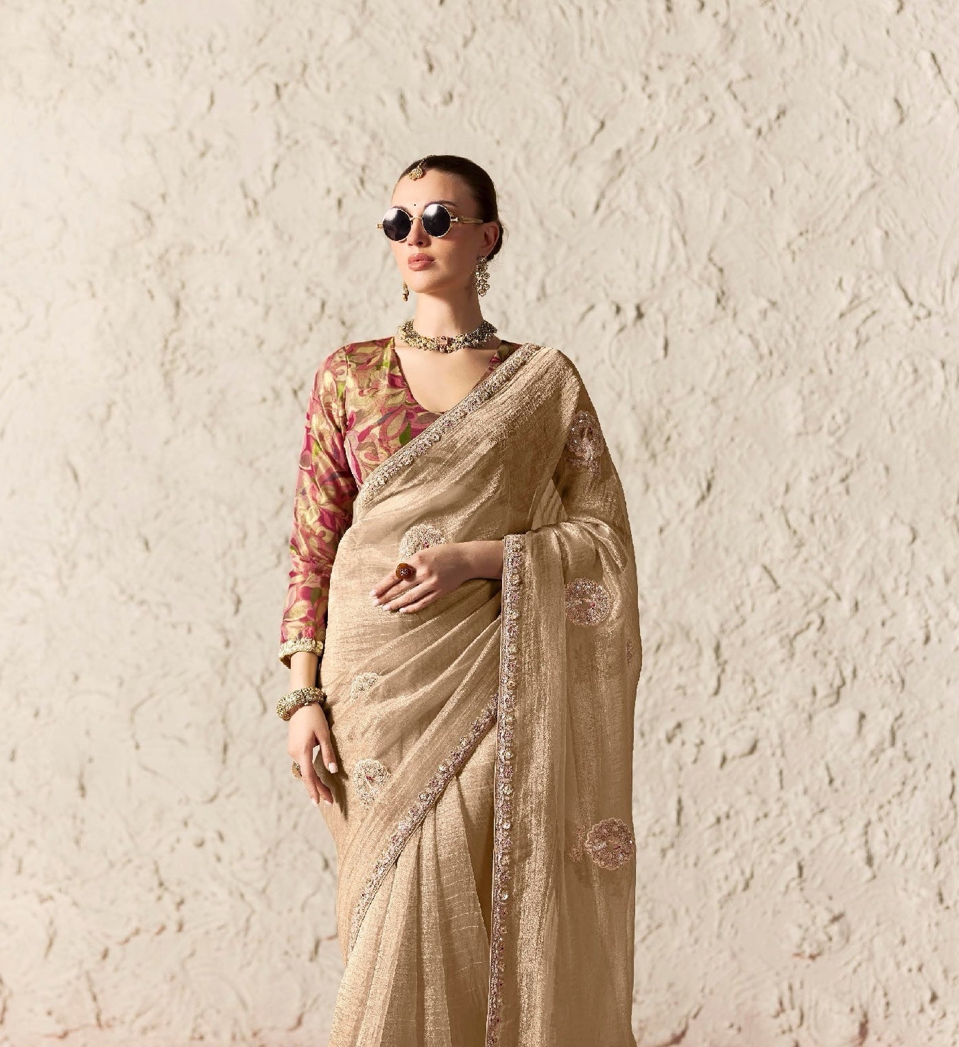Champagne Fancy Tissue Silk Ready to wear/Easy Saree - Panaash Saree