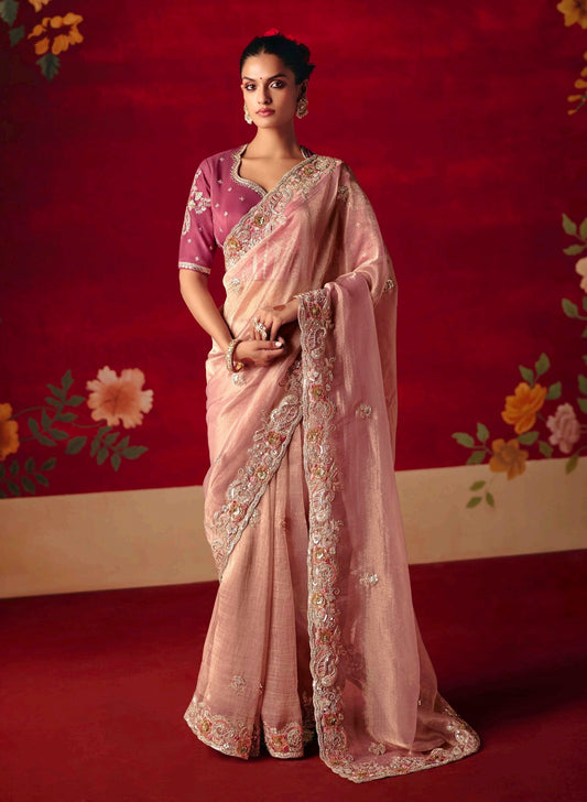 Baby pink Party Wear Readymade Saree