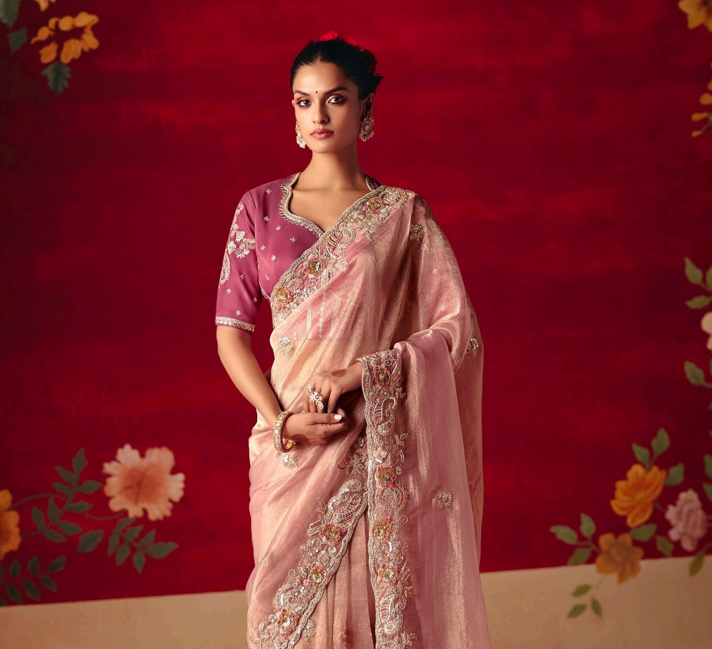 Baby pink Party Wear Readymade Saree