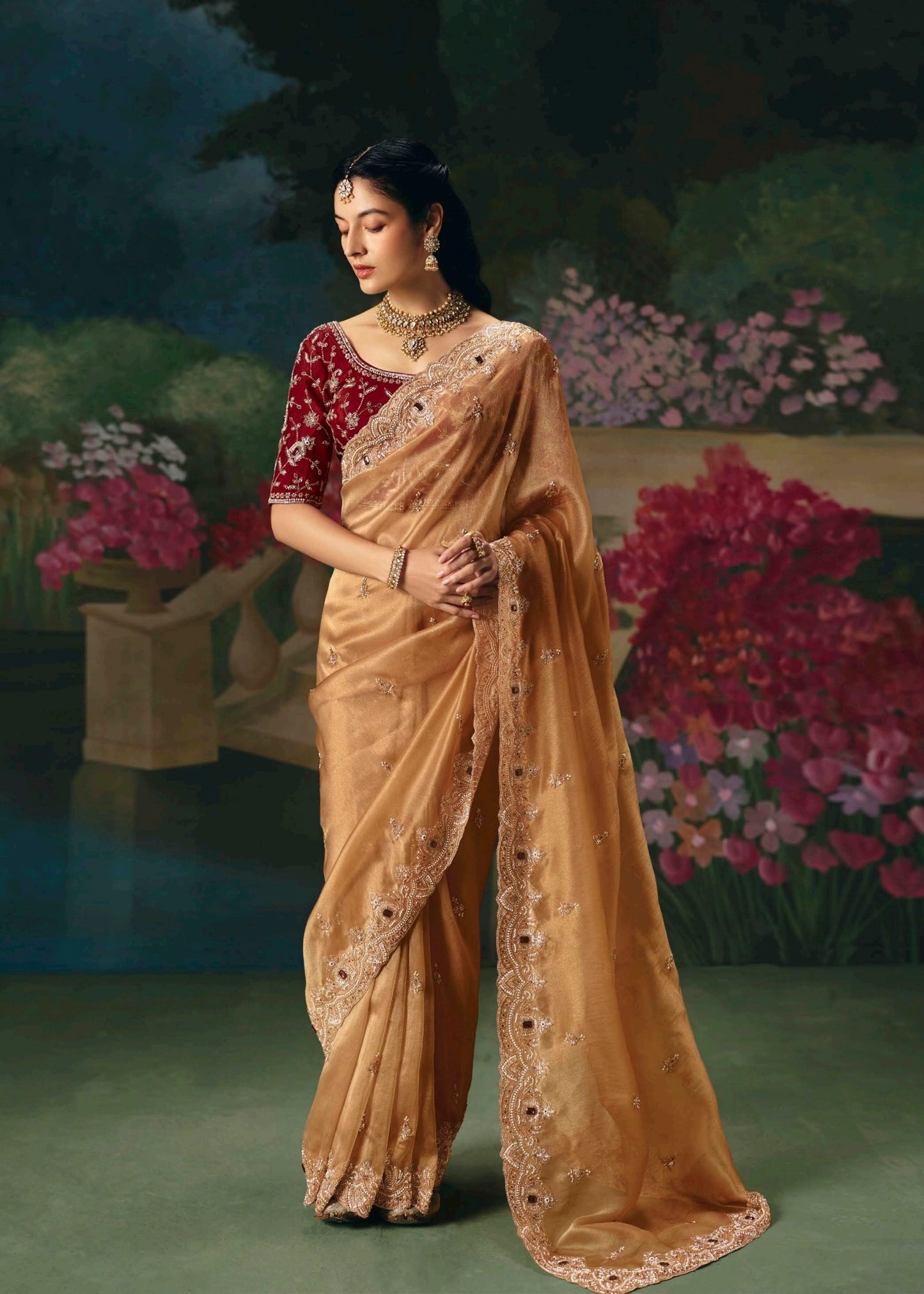 Golden Embroidery Silk Readymade/Easy Saree