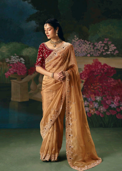 Golden Embroidery Silk Readymade/Easy Saree