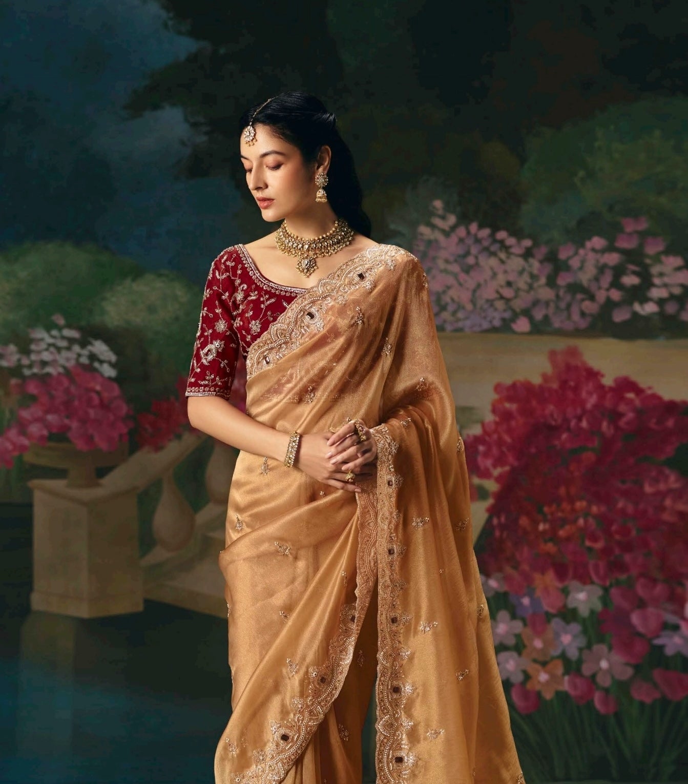 Golden Embroidery Silk Readymade/Easy Saree
