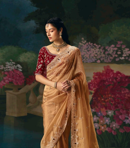 Golden Embroidery Silk Readymade/Easy Saree