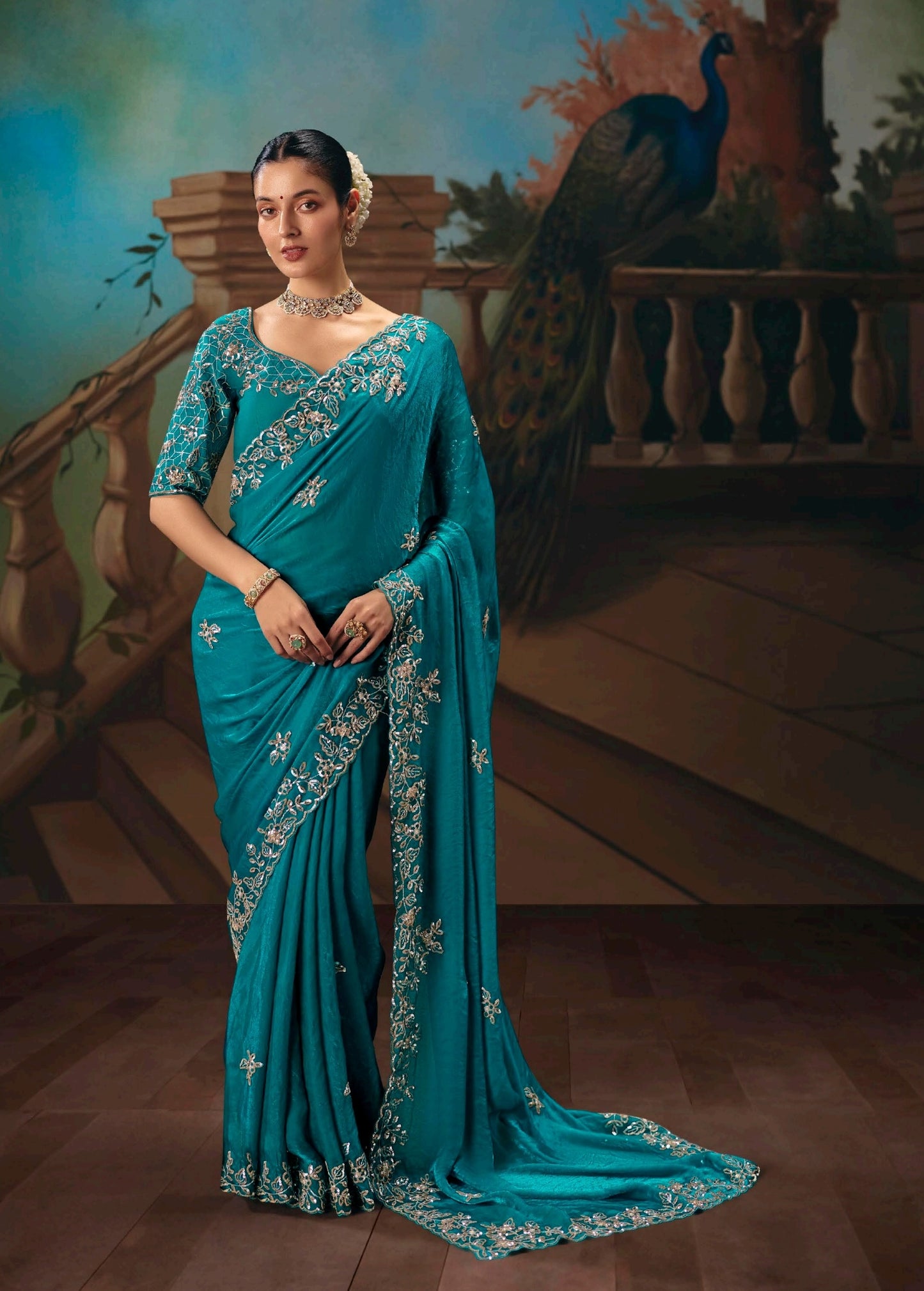 Teal Blue Designer Silk Readymade/Easy Saree