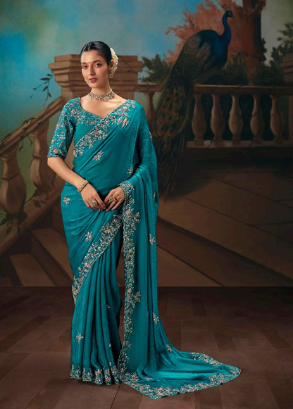 Teal Blue Designer Silk Readymade/Easy Saree