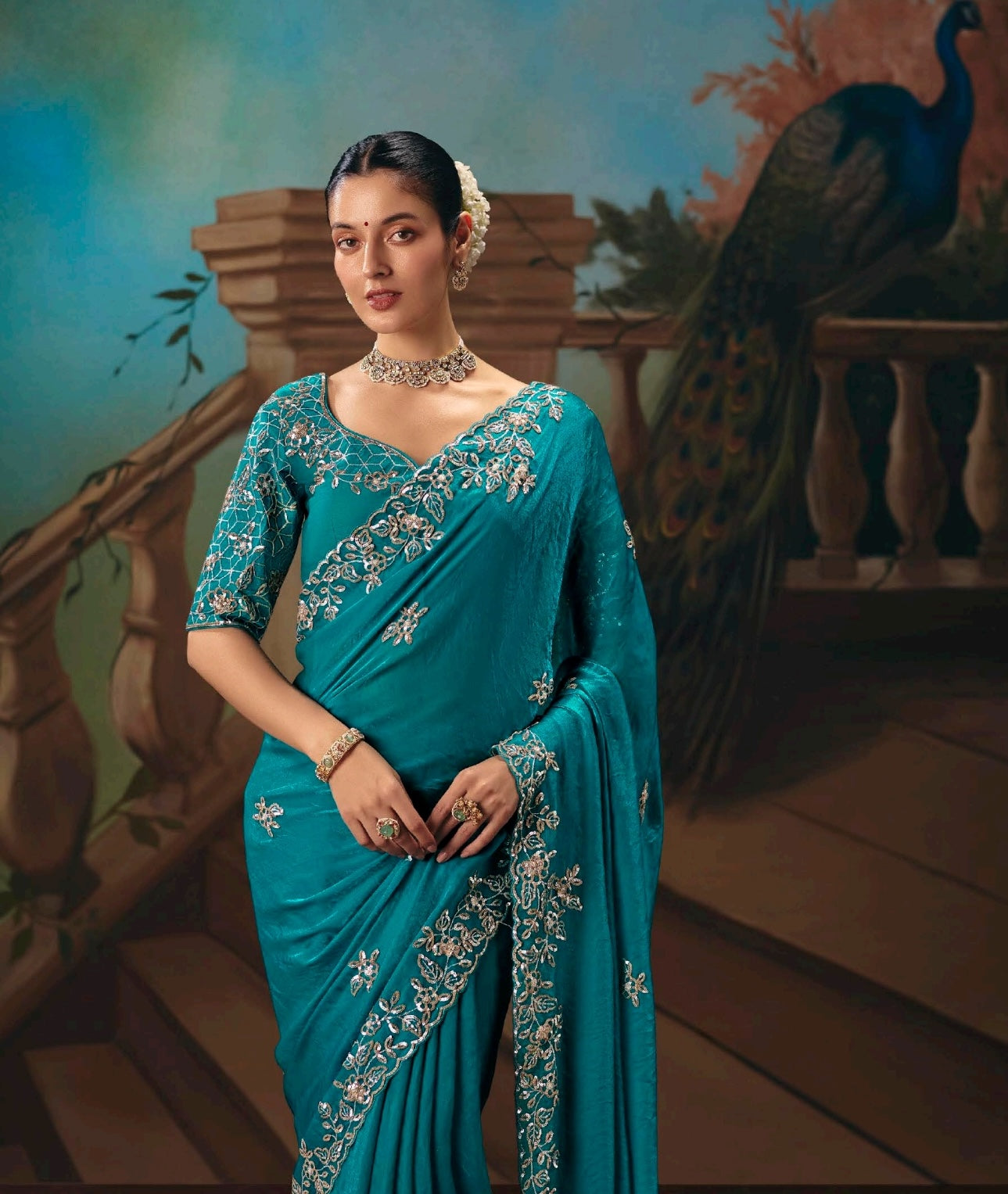 Teal Blue Designer Silk Readymade/Easy Saree
