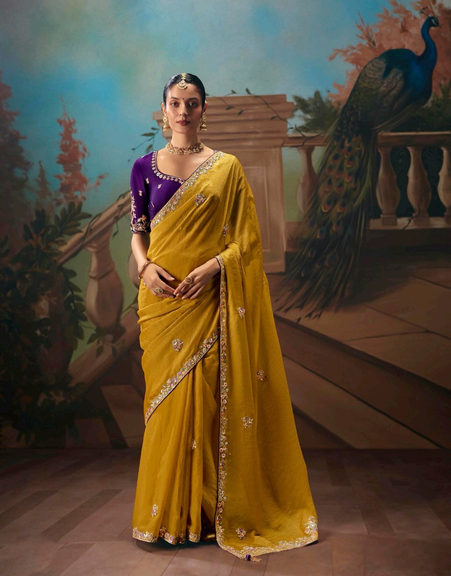 Mustard Yellow Designer Silk Readymade/Easy Saree