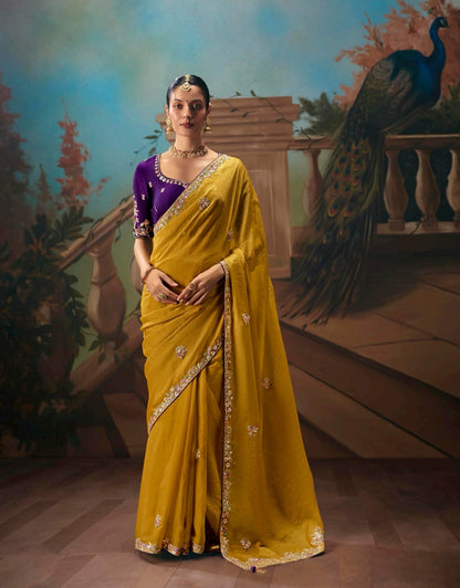 Mustard Yellow Designer Silk Readymade/Easy Saree