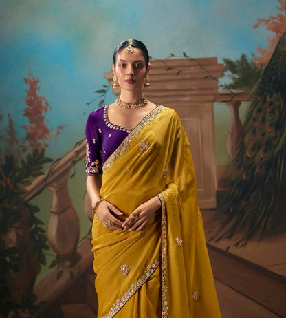 Mustard Yellow Designer Silk Readymade/Easy Saree