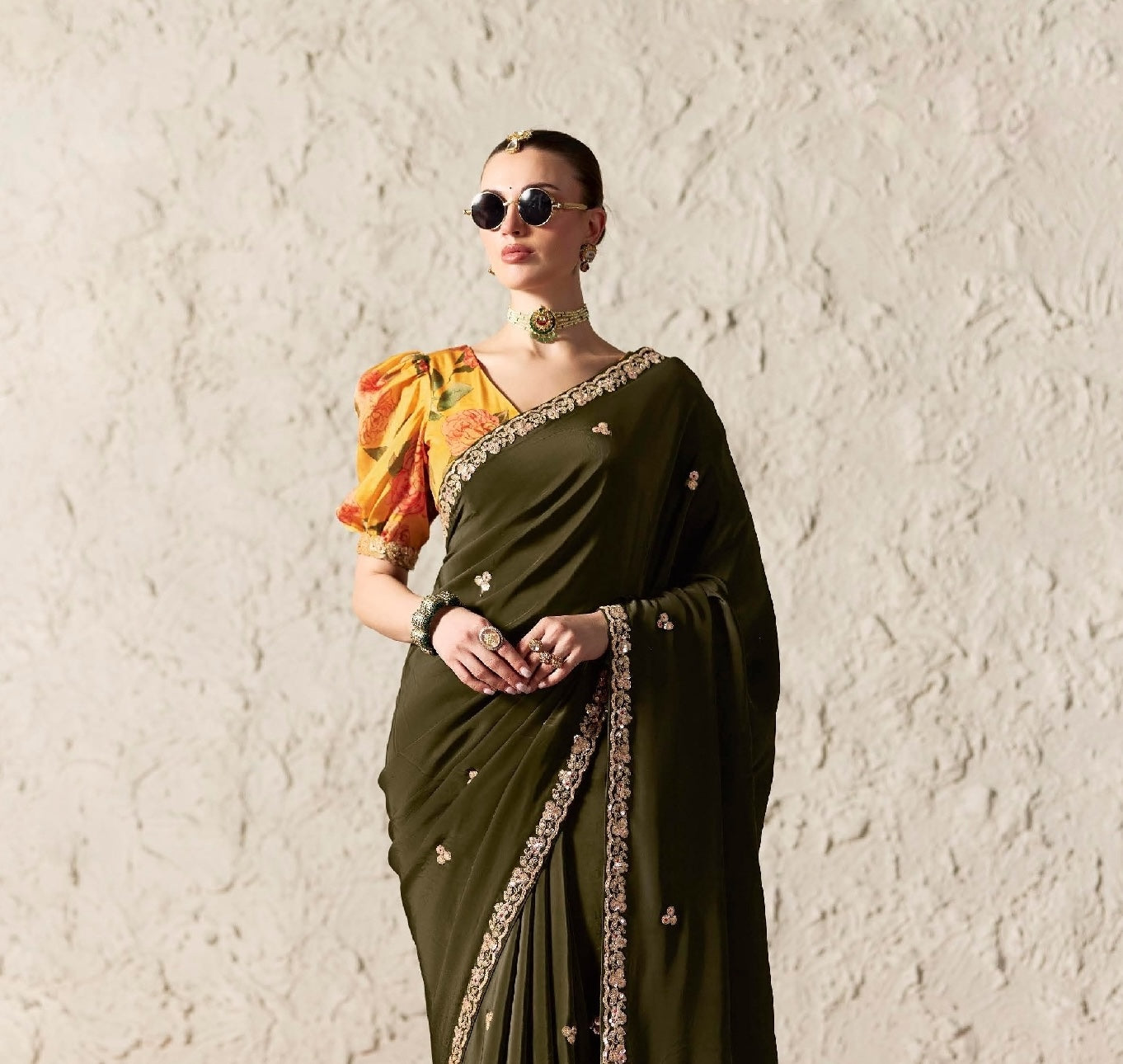 Olive Fancy Tissue Silk Ready to wear/Easy Saree - Panaash Saree