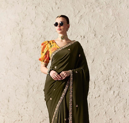 Olive Fancy Tissue Silk Ready to wear/Easy Saree - Panaash Saree