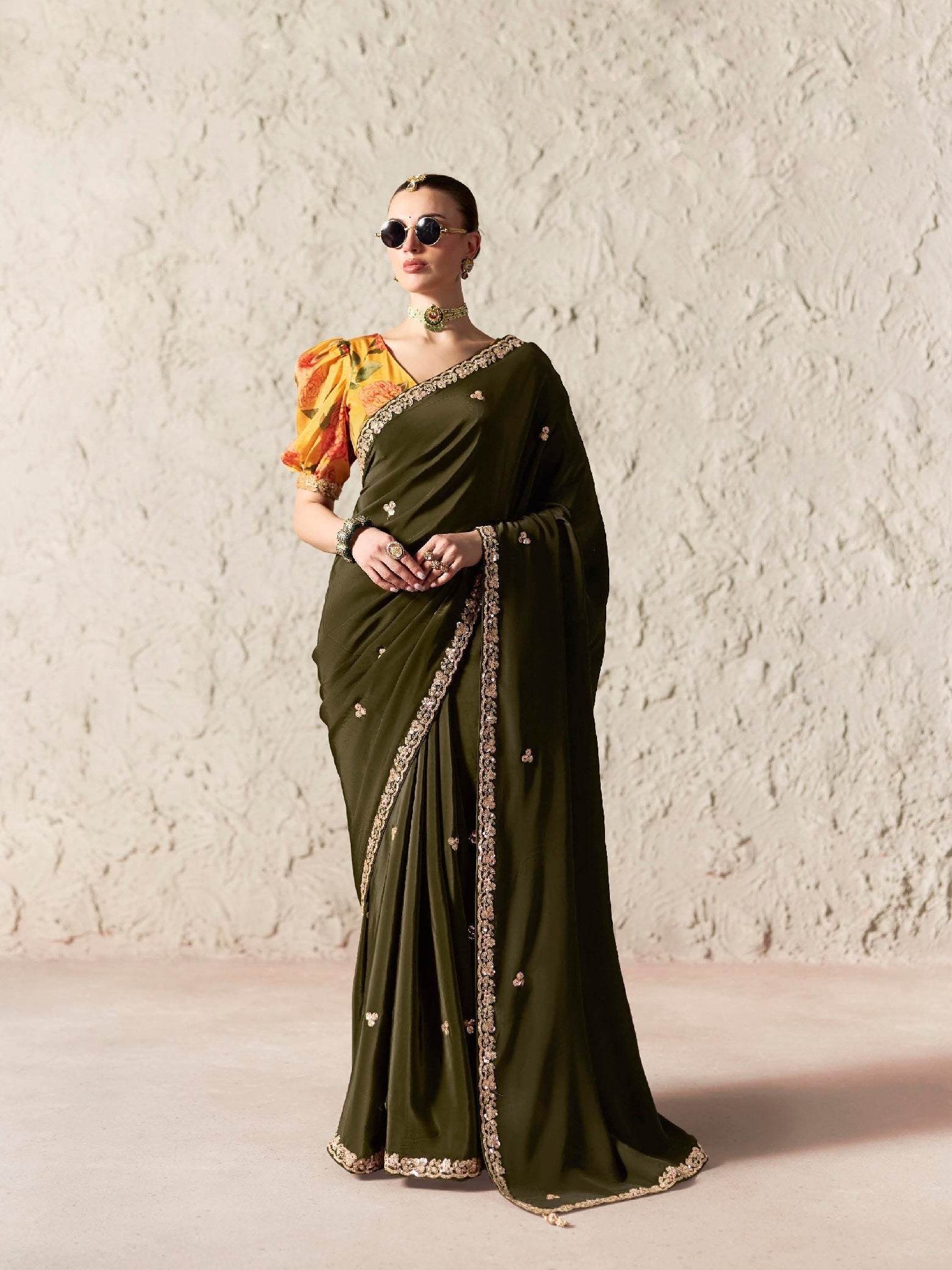 Olive Fancy Tissue Silk Ready to wear/Easy Saree - Panaash Saree