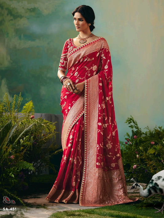 Red Designer Kanjivaram Silk Readymade/Easy Saree