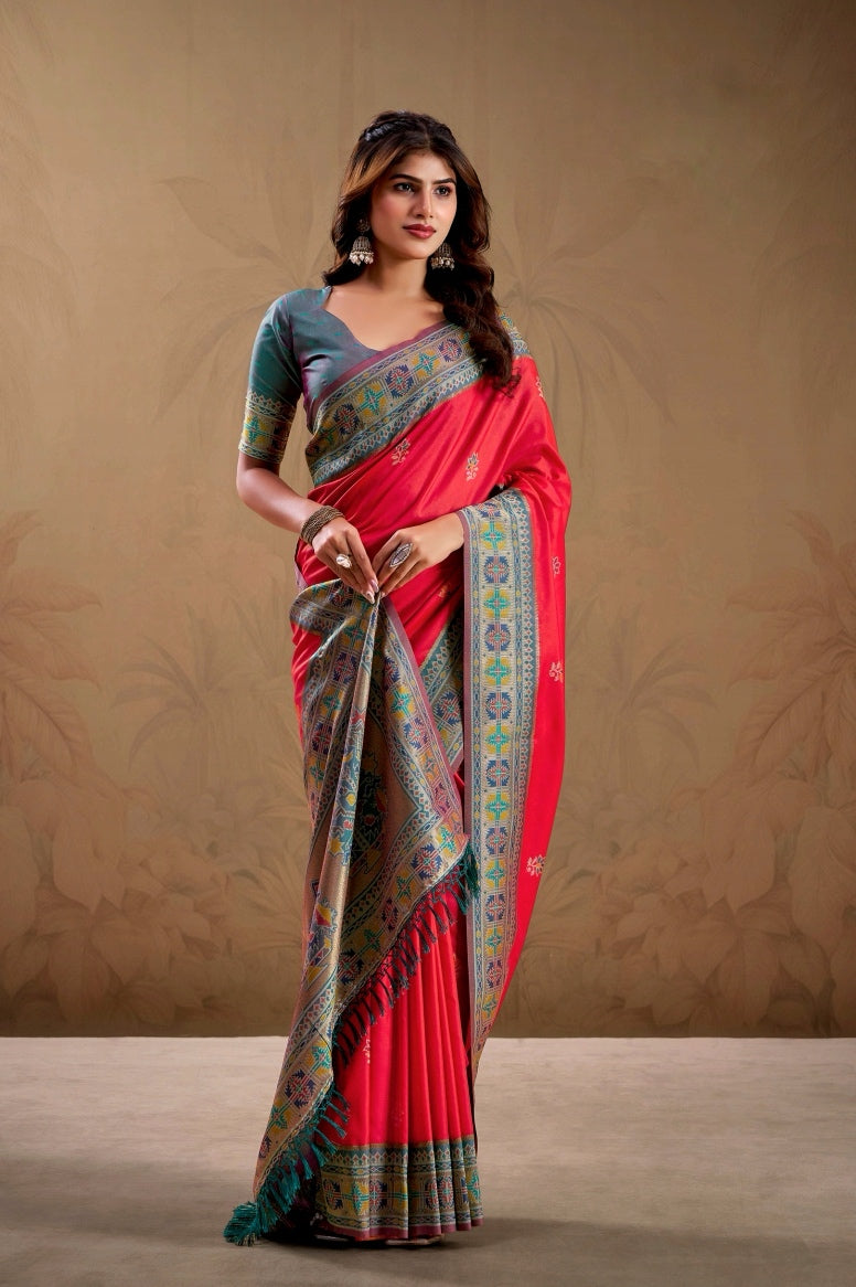 Bright Red Soft Silk Kanjivaram Readymade/Easy Saree