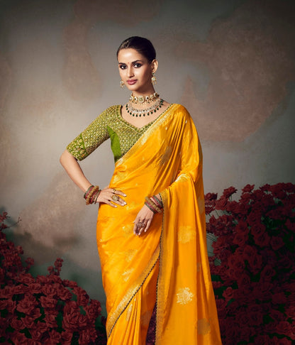 Mustard Yellow Designer Silk Readymade/Easy Saree