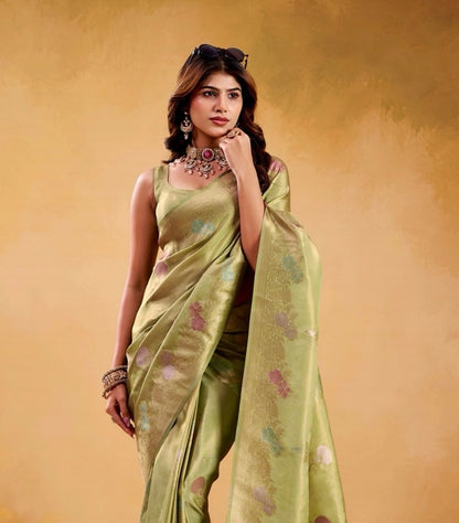 Pistachio Green Banarasi Silk Readymade/Easy Saree