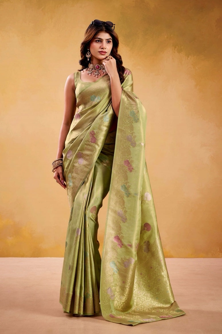 Pistachio Green Banarasi Silk Readymade/Easy Saree