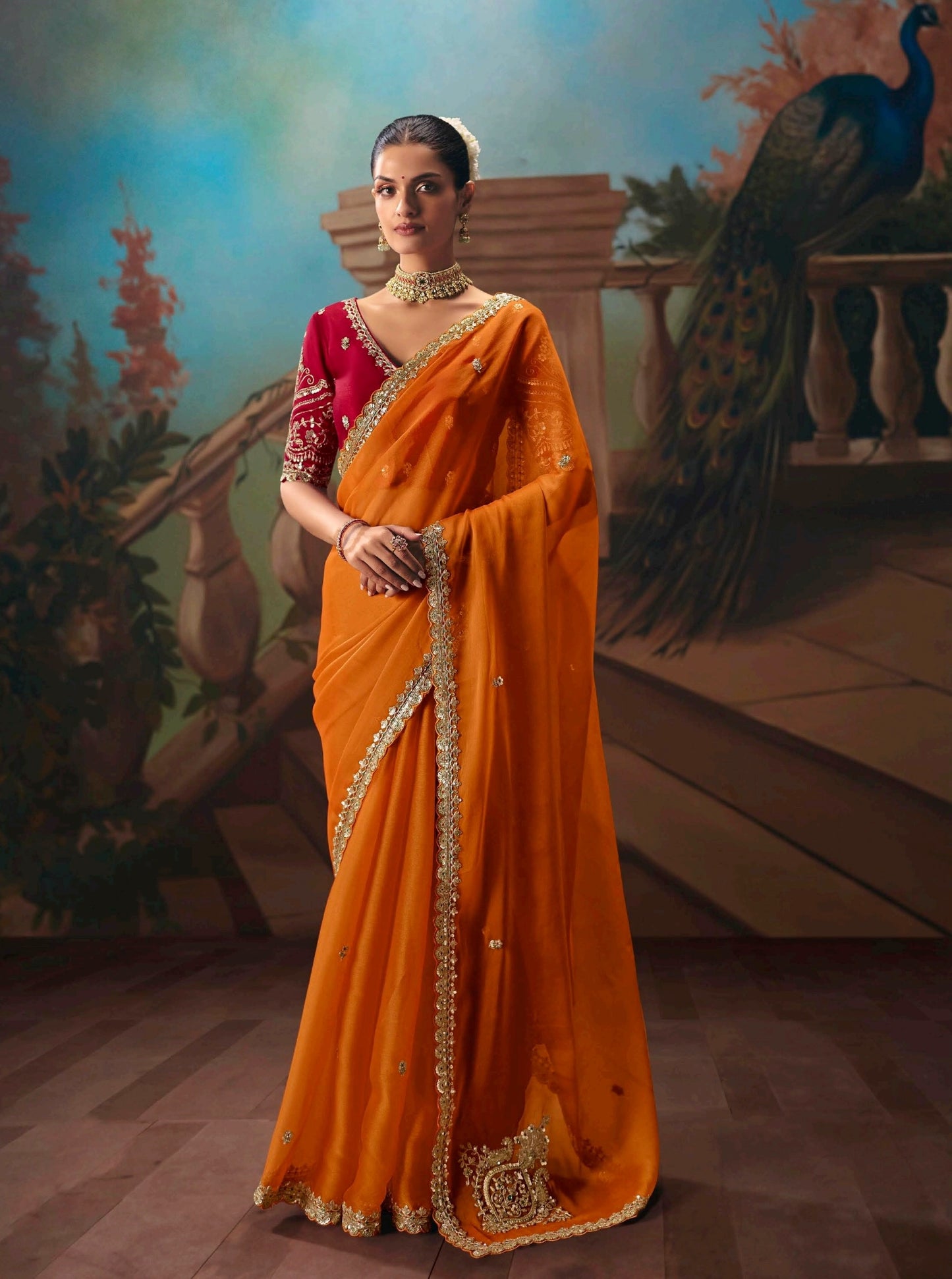 Orange Designer Silk Readymade/Easy Saree