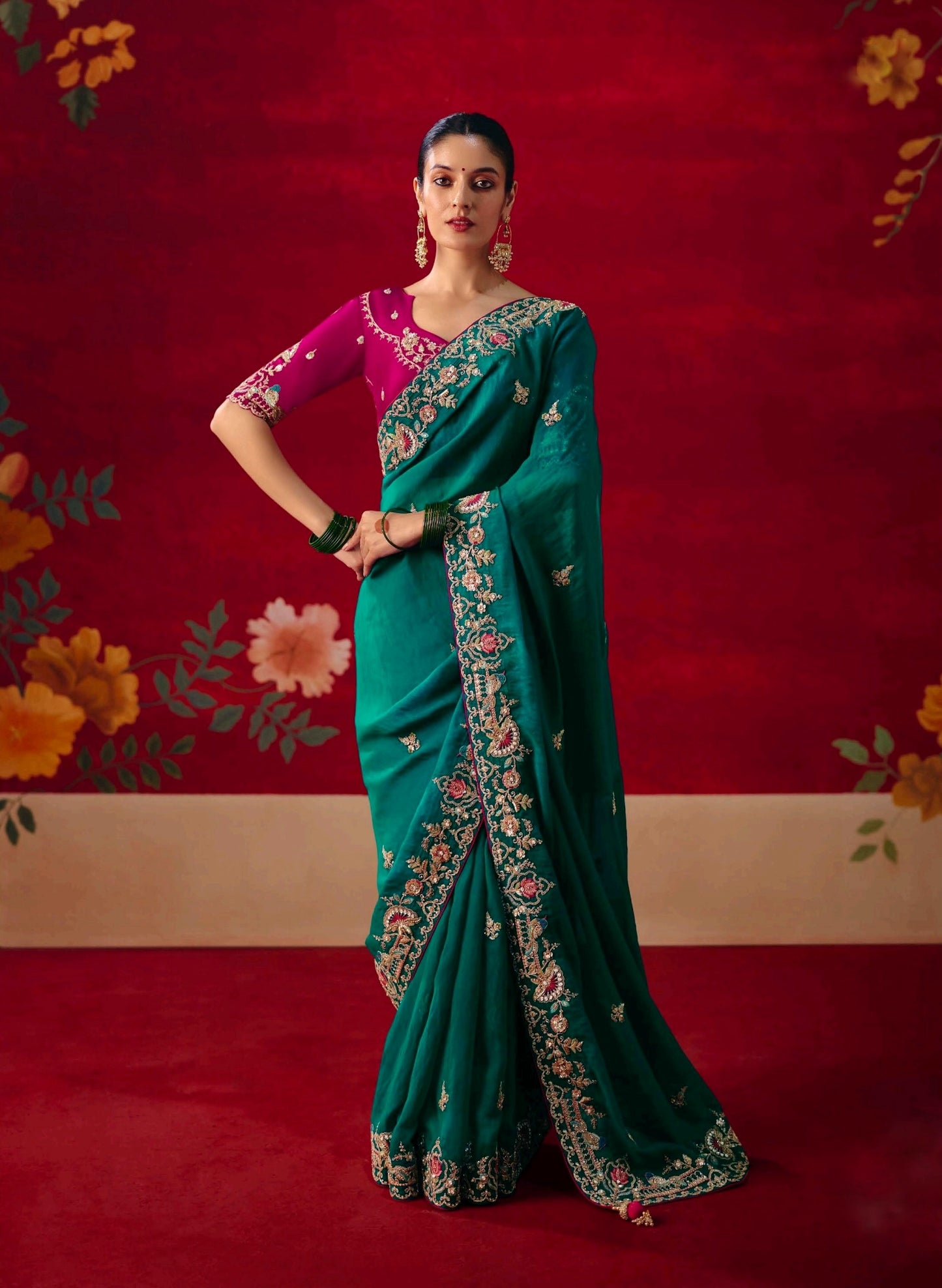 Teal Green Party Wear Readymade Saree