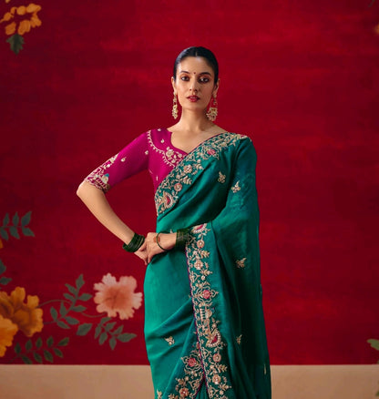 Teal Green Party Wear Readymade Saree