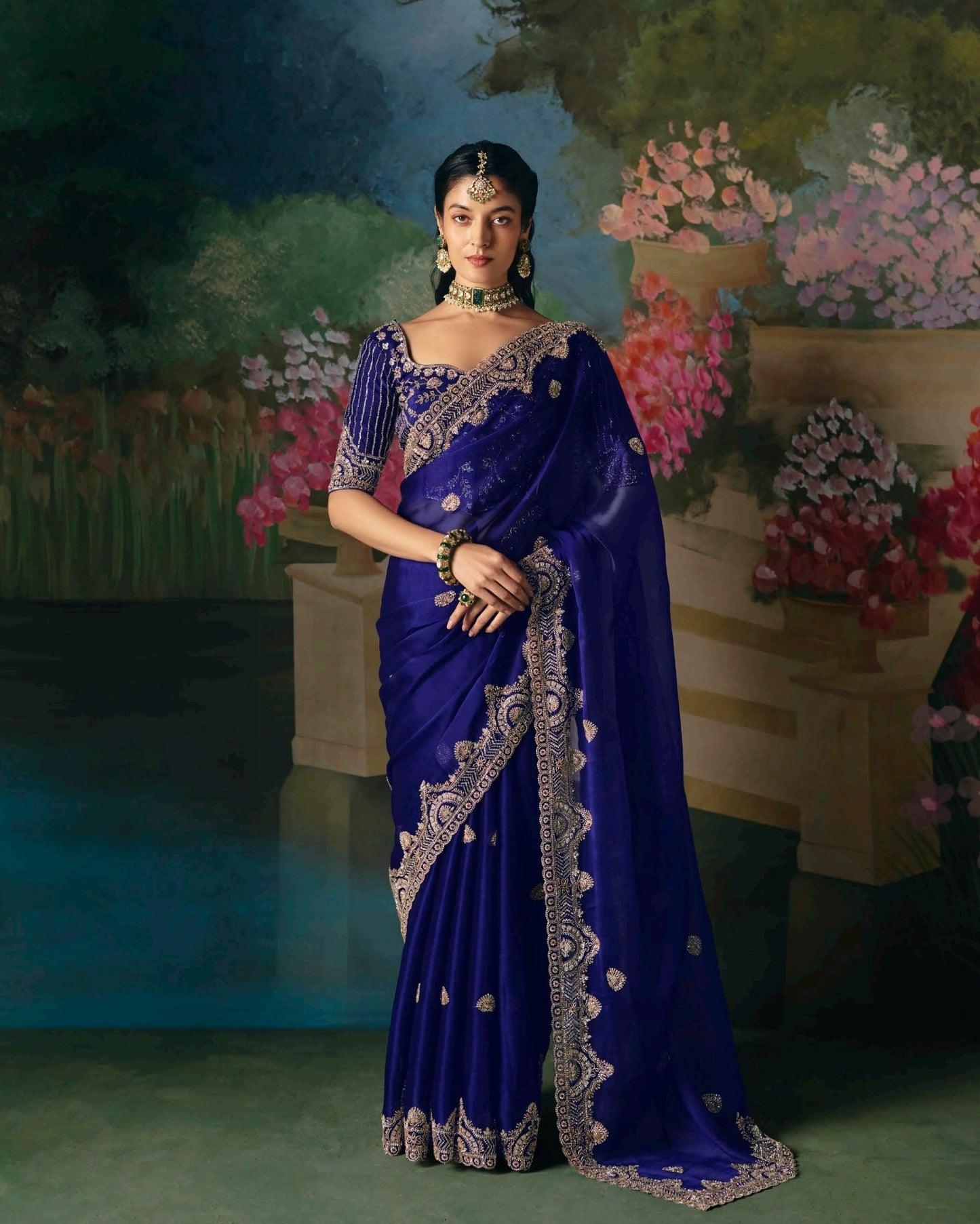 Royal Blue Embroidery Silk Readymade/Easy Saree