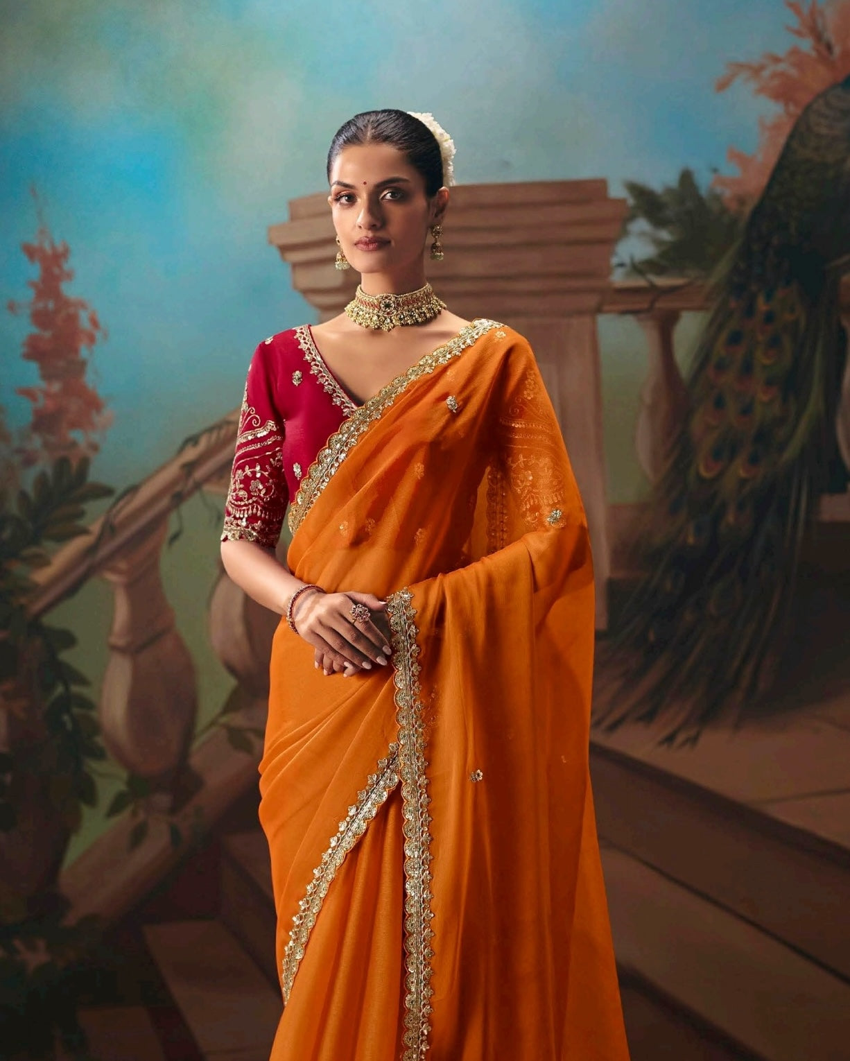 Orange Designer Silk Readymade/Easy Saree