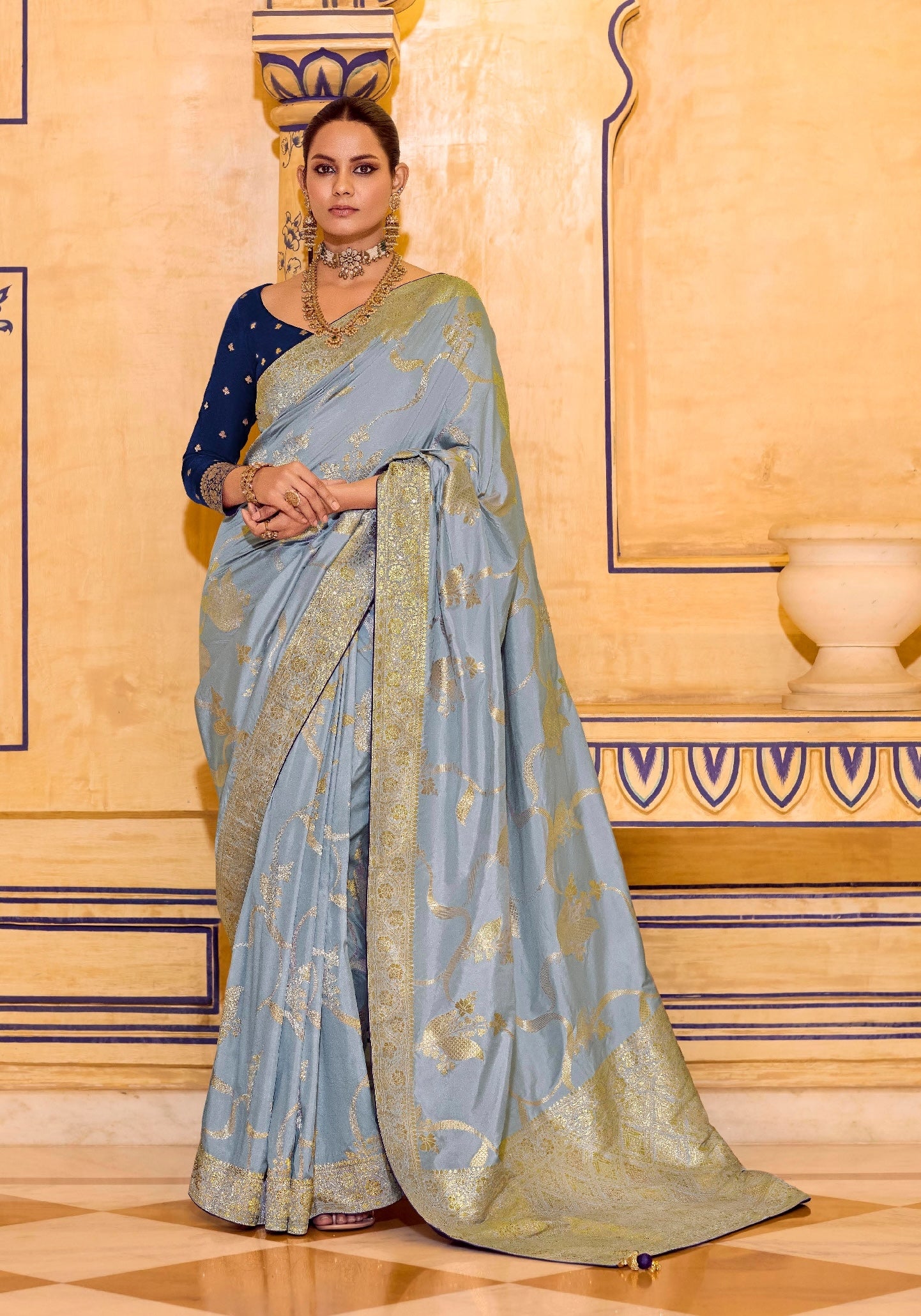 Powder Blue Designer Silk Readymade/Easy Saree