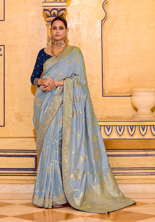 Powder Blue Designer Silk Readymade/Easy Saree
