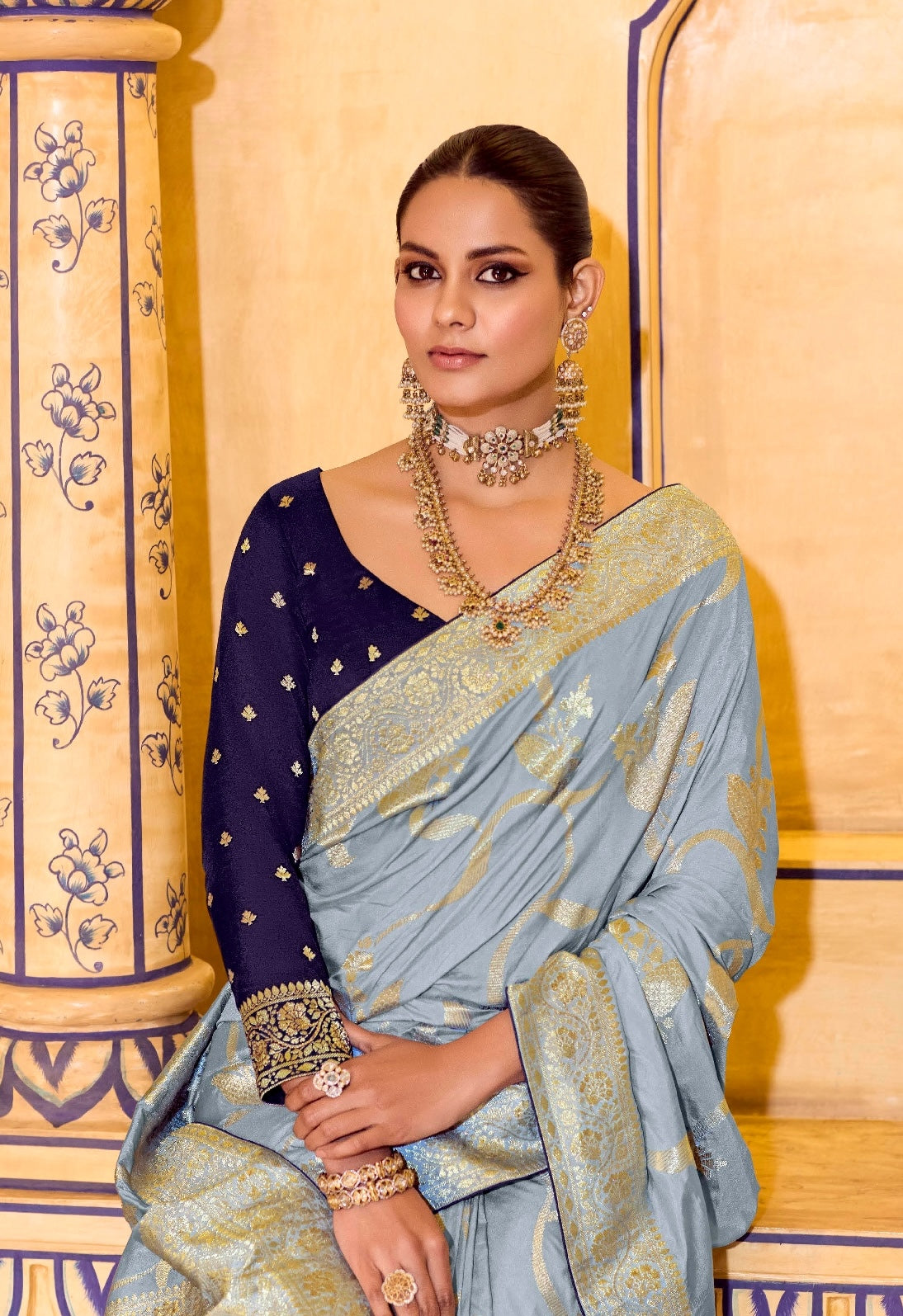Powder Blue Designer Silk Readymade/Easy Saree